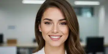 Mulher profissional com maquiagem elegante e duradoura para o trabalho em 2025.