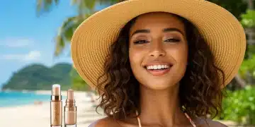 Mulher com maquiagem perfeita e duradoura na praia sob o sol brasileiro