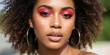 Mulher com maquiagem de verão radiante, olhos coloridos e pele iluminada, refletindo as tendências de 2025.