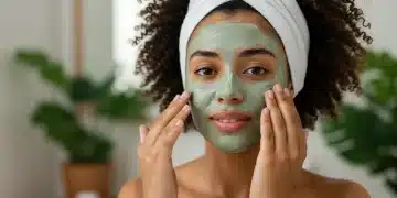 Mulher brasileira aplicando máscara facial de argila verde, pele radiante e fresca em banheiro moderno.