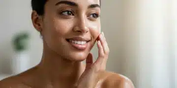 Mulher com pele hidratada e radiante, sorriso suave, em ambiente tranquilo.