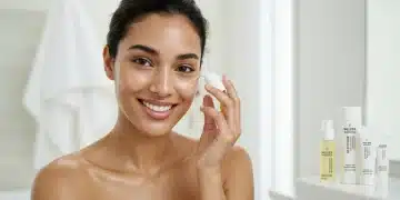 Mulher sorrindo com pele radiante, aplicando sérum mattificante para controlar a oleosidade e o brilho