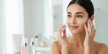 Erros comuns na rotina de skincare: evite equívocos para pele perfeita em 2025 Mulher com pele radiante aplicando sérum facial, simbolizando uma rotina de skincare eficaz para uma pele perfeita em 2025.