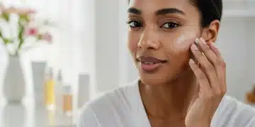 Mulher com pele radiante aplicando sérum facial em sua rotina de skincare diurna, com luz suave da manhã.