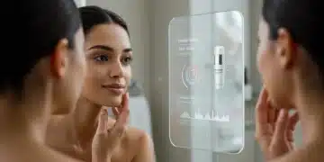Mulher sorrindo com pele radiante olhando para um espelho inteligente de skincare