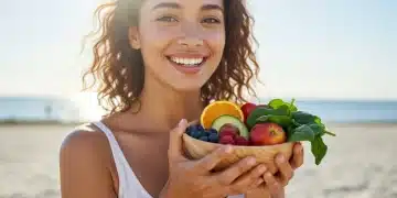Alimentação e Beleza: 10 Alimentos para Nutrir sua Pele no Verão de 2025 Mulher sorridente com pele radiante segurando tigela de frutas frescas no verão de 2025.