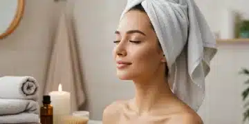 Mulher relaxando em um spa caseiro com produtos acessíveis