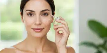 Mulher com pele radiante aplicando sérum, simbolizando uma rotina de skincare antienvelhecimento eficaz para 2025.