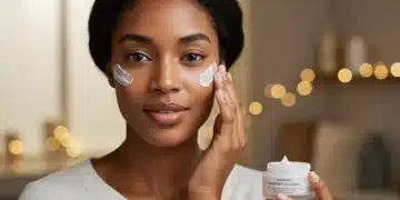 Mulher aplicando hidratante no rosto, com pele radiante e saudável, em um ambiente aconchegante de inverno.