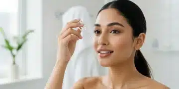 Mulher com pele radiante aplicando sérum no rosto, simbolizando a simplicidade e eficácia do skincare minimalista.