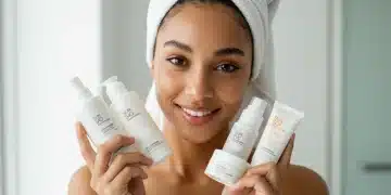 Mulher sorridente com pele radiante, segurando três produtos de skincare minimalistas em um banheiro iluminado.