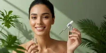 Mulher com pele radiante aplicando sérum no rosto, simbolizando a verdade sobre os cuidados com a pele em 2025.