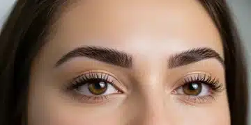 Mulher com sobrancelhas perfeitamente desenhadas, refletindo as tendências de beleza de 2025.