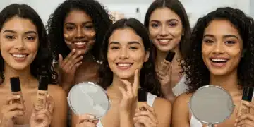 Mulheres brasileiras testando diferentes tons de base no rosto para encontrar a cor ideal para sua pele.