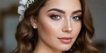 Noiva sorridente com maquiagem natural e elegante, pele iluminada, olhos sutis e lábios rosados, usando um arranjo floral no cabelo.