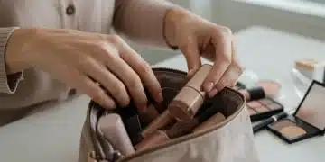 Mãos femininas organizando uma necessaire cheia de produtos de maquiagem, simbolizando otimização e economia.