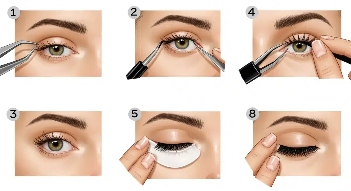Passo a passo visual da aplicação de cílios postiços com ferramentas.