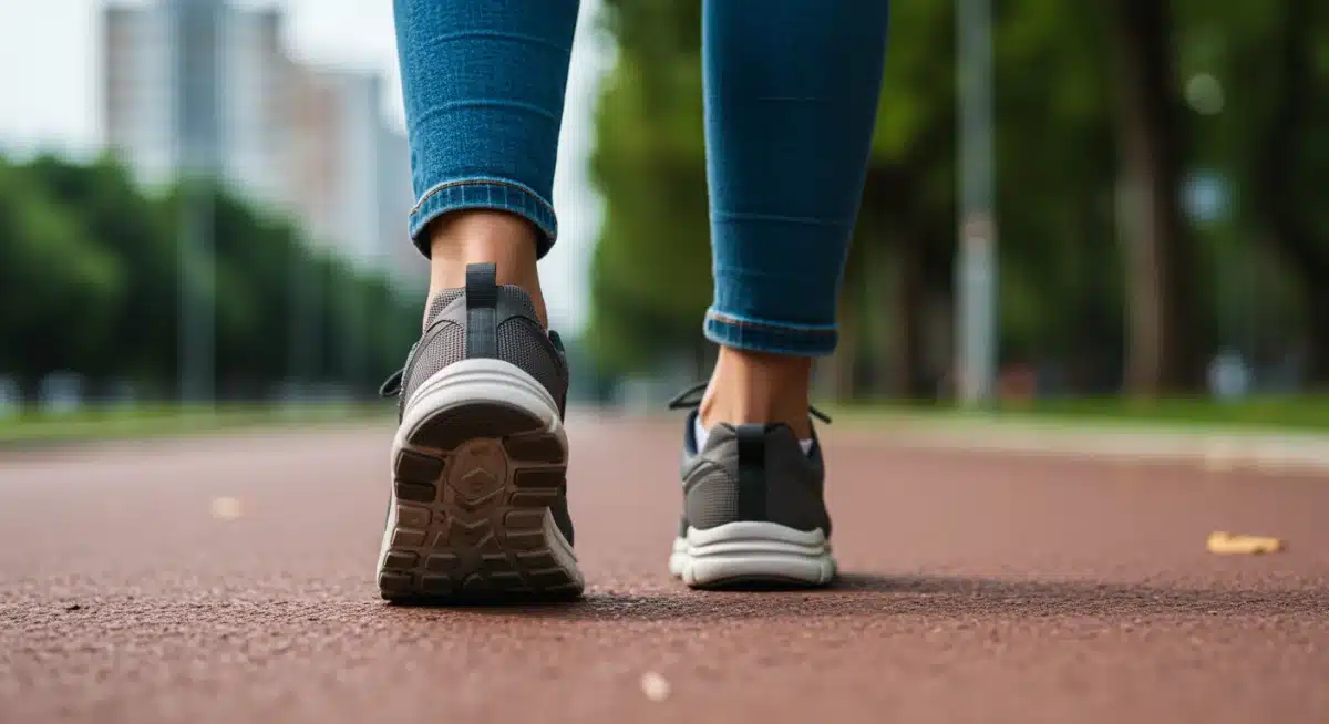 Pés de pessoa em tênis confortáveis caminhando em calçada urbana, representando o passo a passo da rotina.
