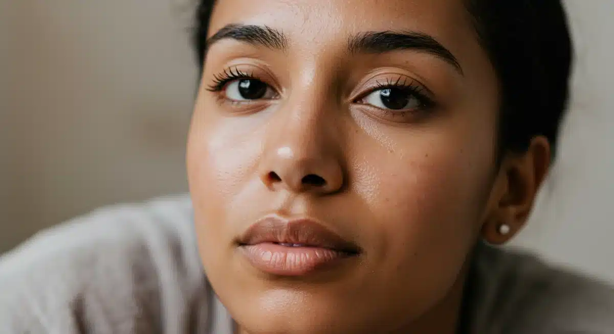 Mulher com pele radiante e expressão serena, resultado de uma noite de sono adequada.