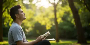 Pessoa relaxando em um parque, lendo um livro, simbolizando a desintoxicação digital e a reconexão com a natureza.