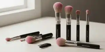 Conjunto de 6 pincéis de maquiagem essenciais para um acabamento profissional em 2025, dispostos elegantemente com iluminação suave.