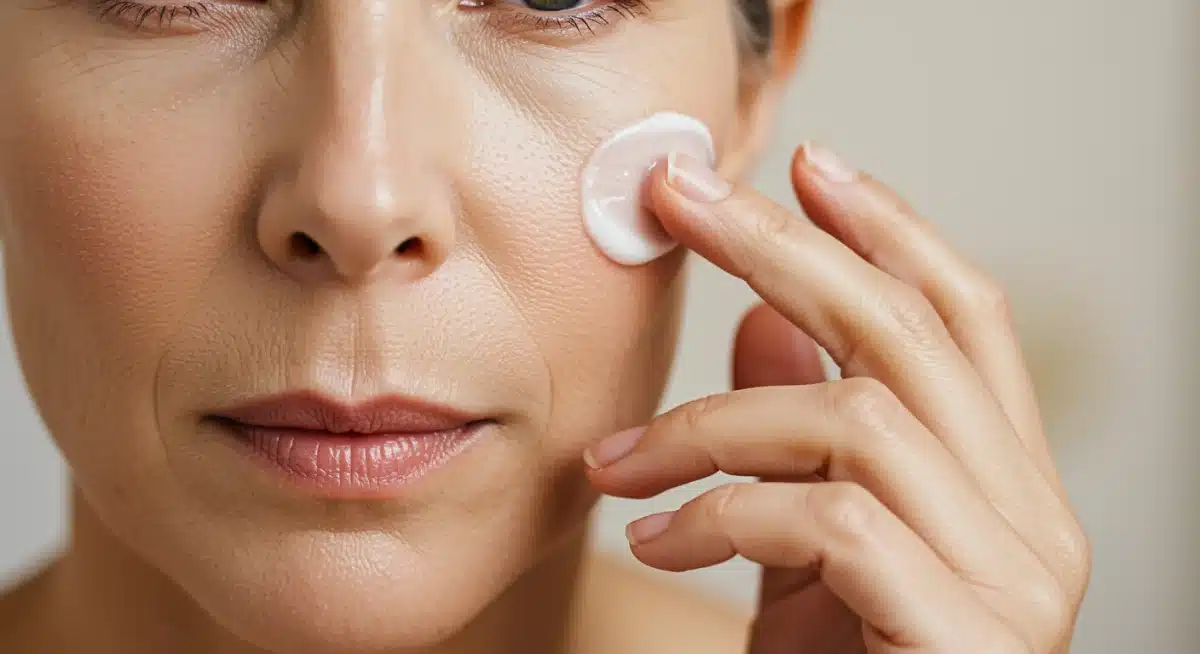 Mão aplicando primer hidratante em pele madura, preparando para a maquiagem.