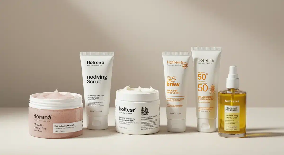 Cinco produtos essenciais para a rotina de beleza corporal dispostos harmoniosamente, incluindo esfoliante, hidratante, sabonete, protetor solar e óleo.