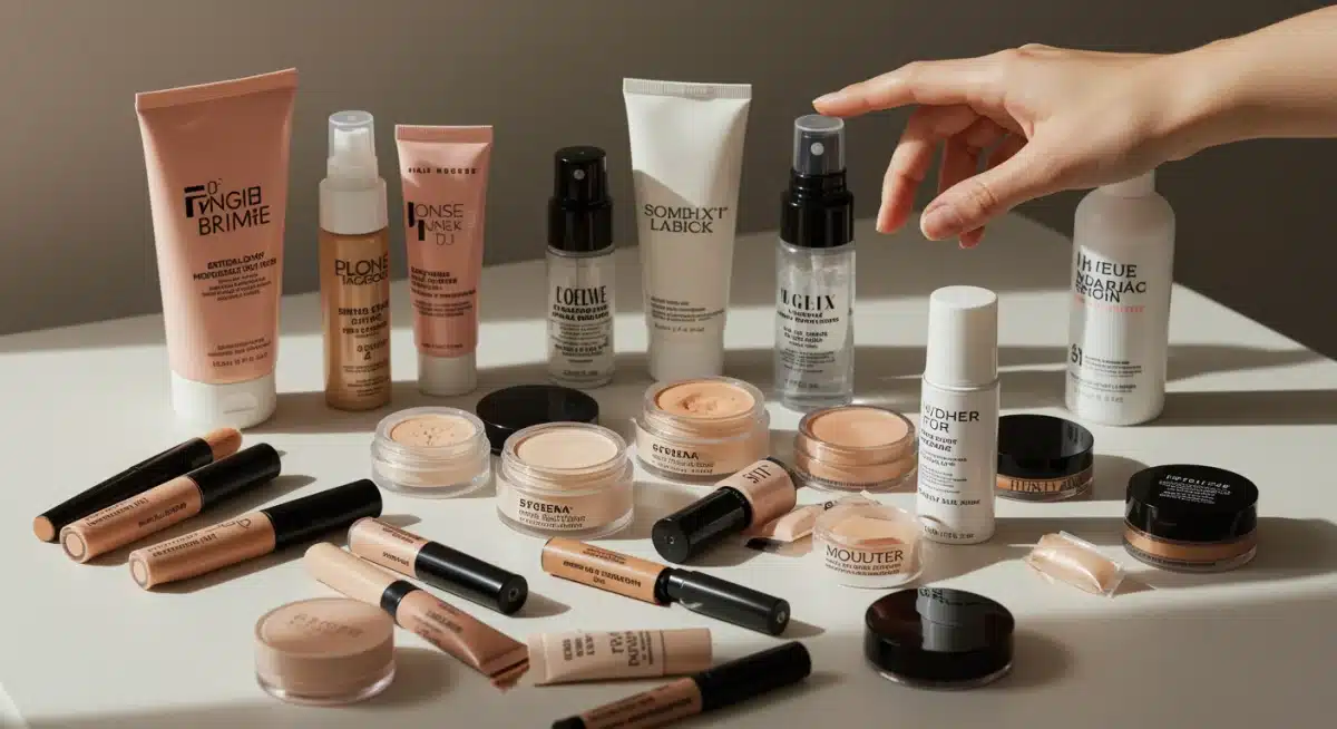 Variedade de produtos de maquiagem essenciais para uma aplicação de corretivo perfeita e duradoura.