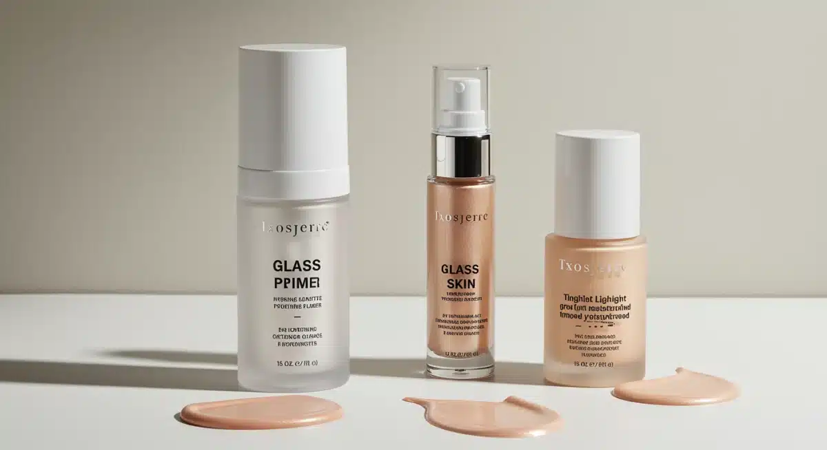 Três produtos essenciais para maquiagem glow natural: primer hidratante, iluminador líquido e base leve.