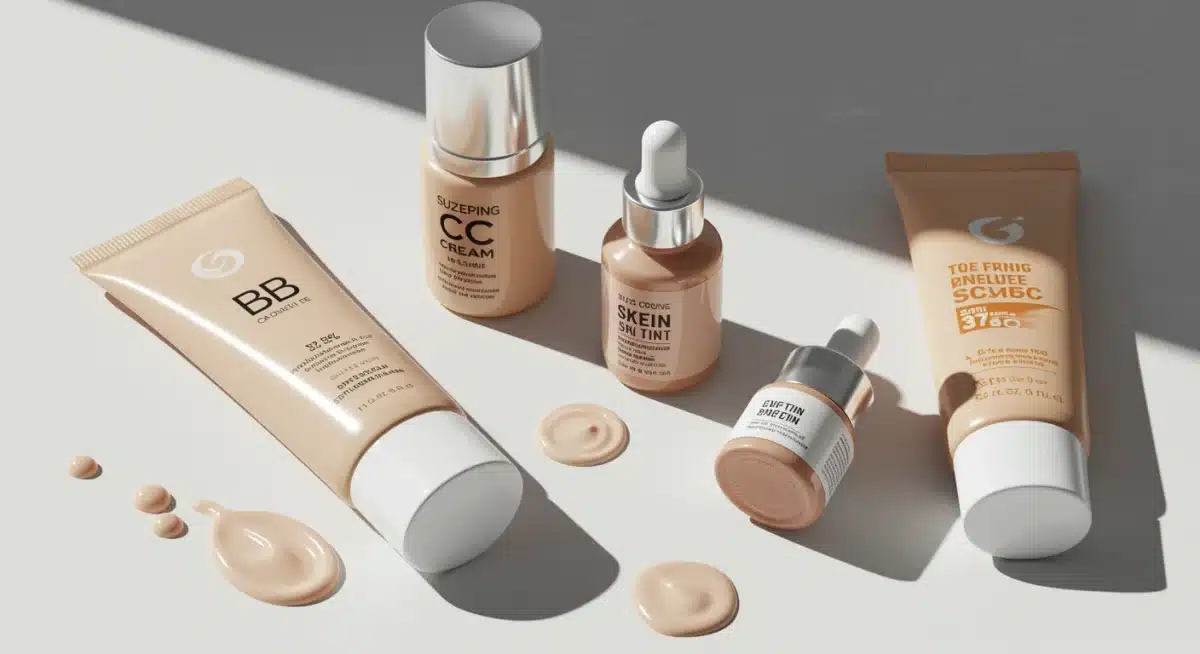 Variedade de produtos de maquiagem leve: BB cream, CC cream, skin tint e protetor solar com cor