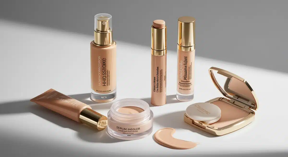 Seleção de quatro produtos de maquiagem de alta qualidade formulados para pele madura, dispostos elegante em uma superfície branca.