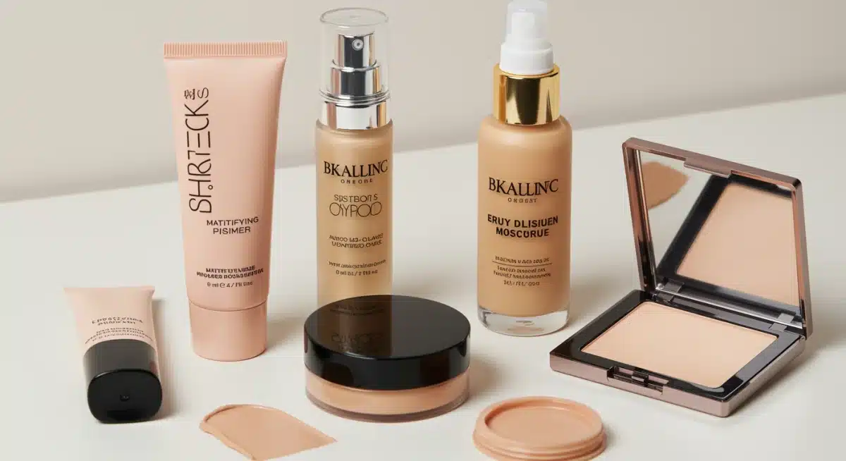 Variedade de produtos de maquiagem para pele oleosa, incluindo primer, base, pó e spray fixador.