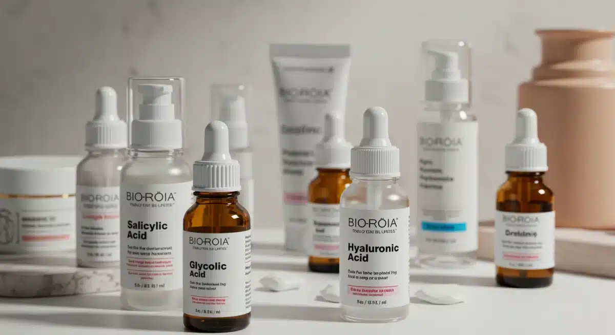 Frascos de produtos de skincare com diferentes tipos de ácidos, destacando a variedade de opções disponíveis.