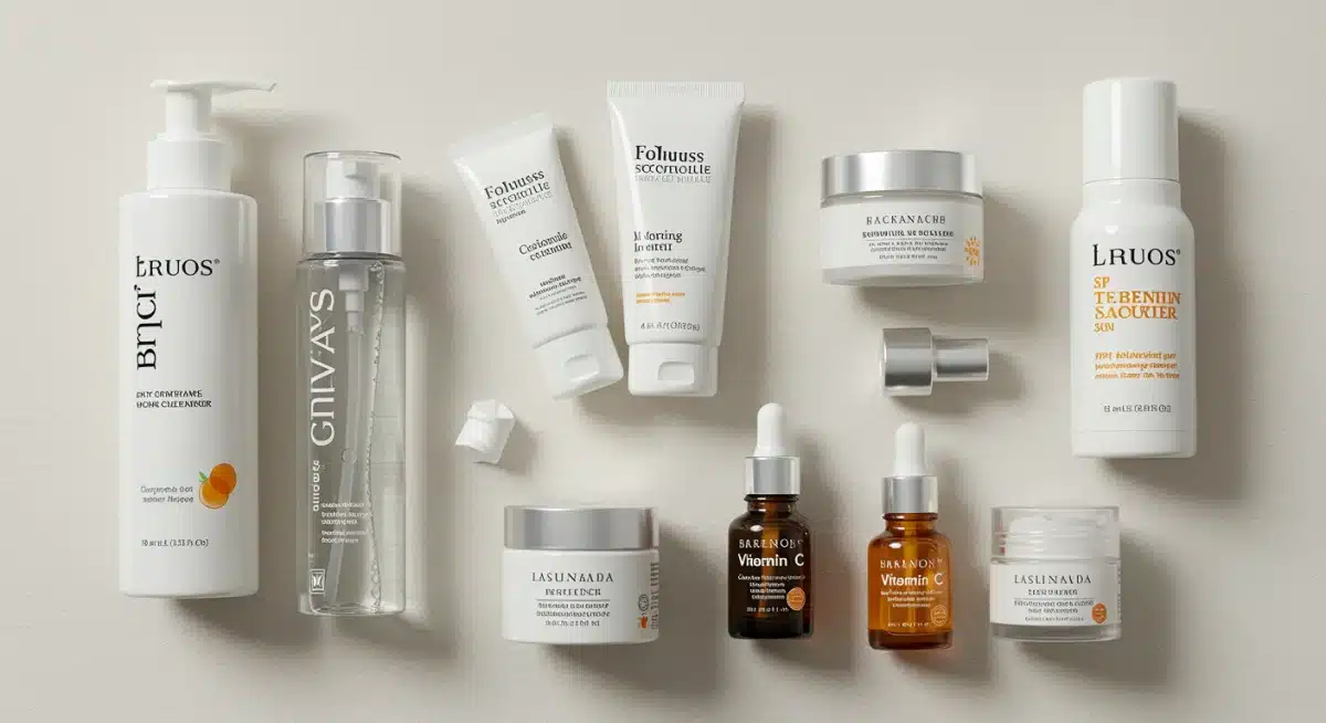 Produtos essenciais para rotina de skincare diurna: limpador, tônico, sérum de vitamina C, hidratante e protetor solar.