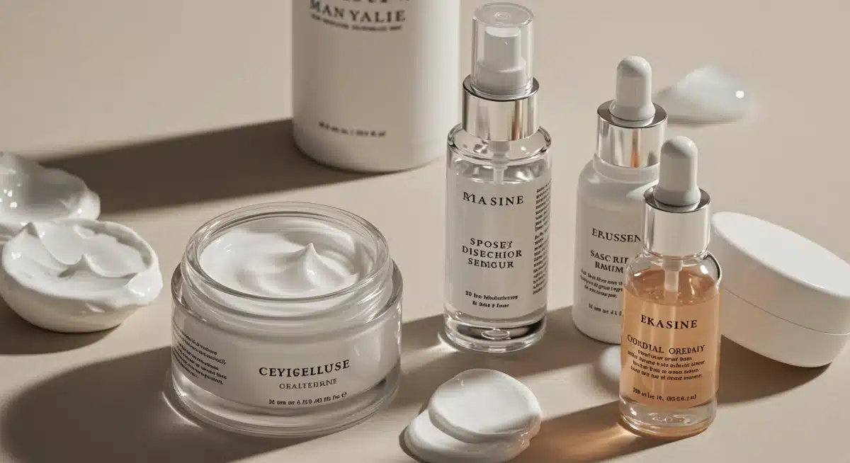 Produtos de skincare para hidratação profunda, como séruns e cremes, dispostos elegantemente.