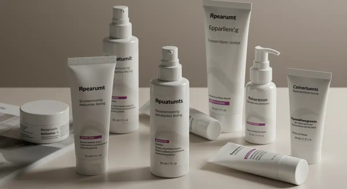 Diversos produtos hipoalergênicos para pele sensível em embalagens minimalistas.