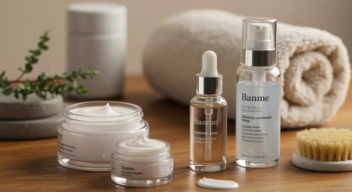 Produtos de skincare essenciais para o inverno, incluindo sérum e creme hidratante, dispostos em superfície de madeira.