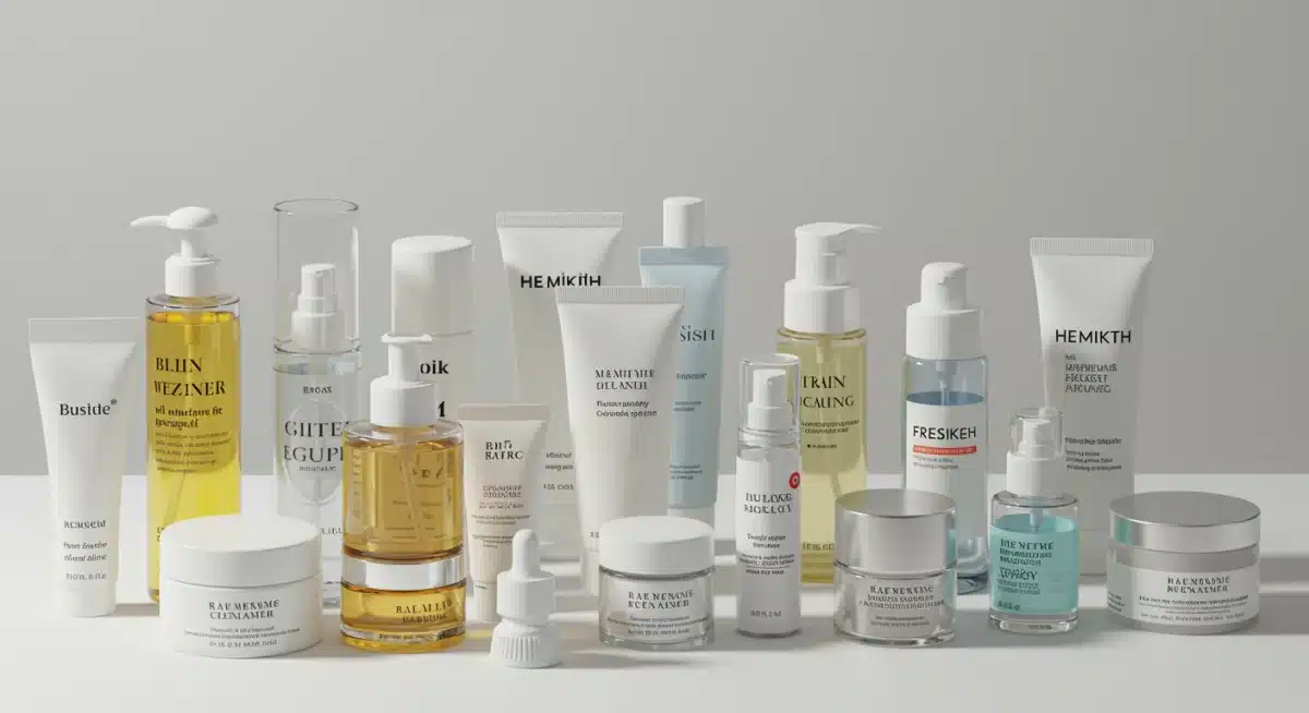 Variedade de produtos de skincare essenciais para uma rotina de limpeza facial dupla eficaz.