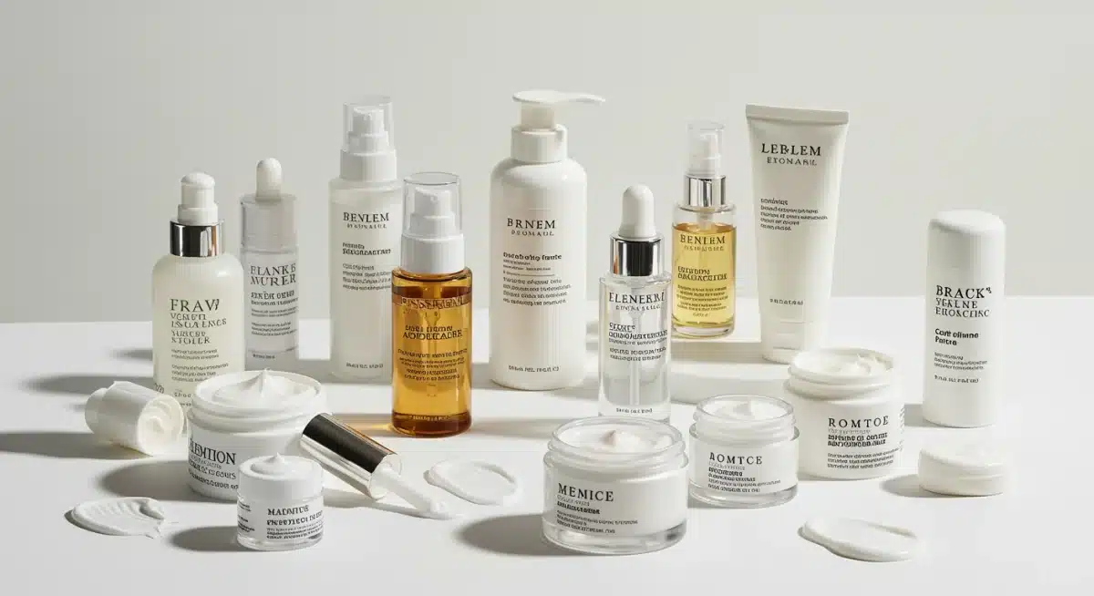 Variedade de produtos de skincare organizados, simbolizando uma rotina completa e eficaz para o tratamento de manchas.