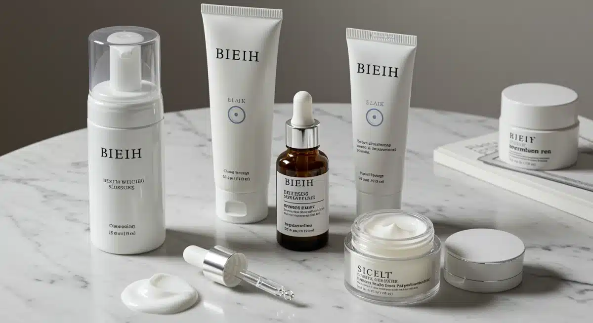 Produtos de skincare noturna organizados: limpador, sérum, hidratante e creme para os olhos.