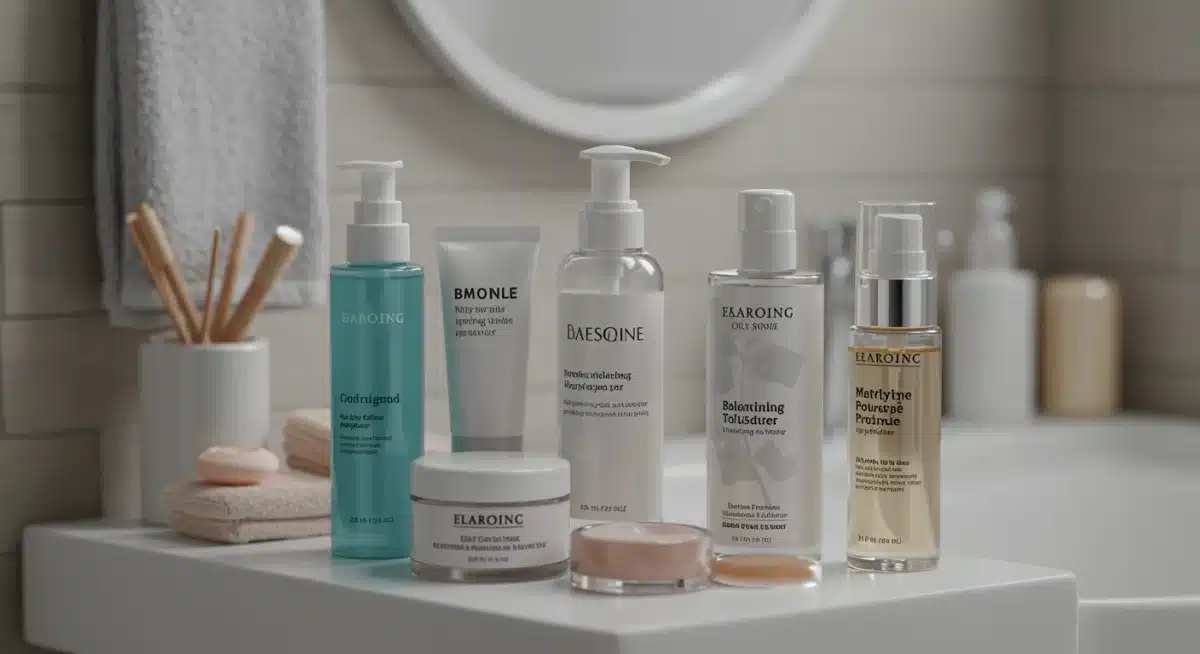 Diversos produtos de skincare para pele oleosa, incluindo limpador, tônico, hidratante e primer, organizados em um balcão de banheiro.