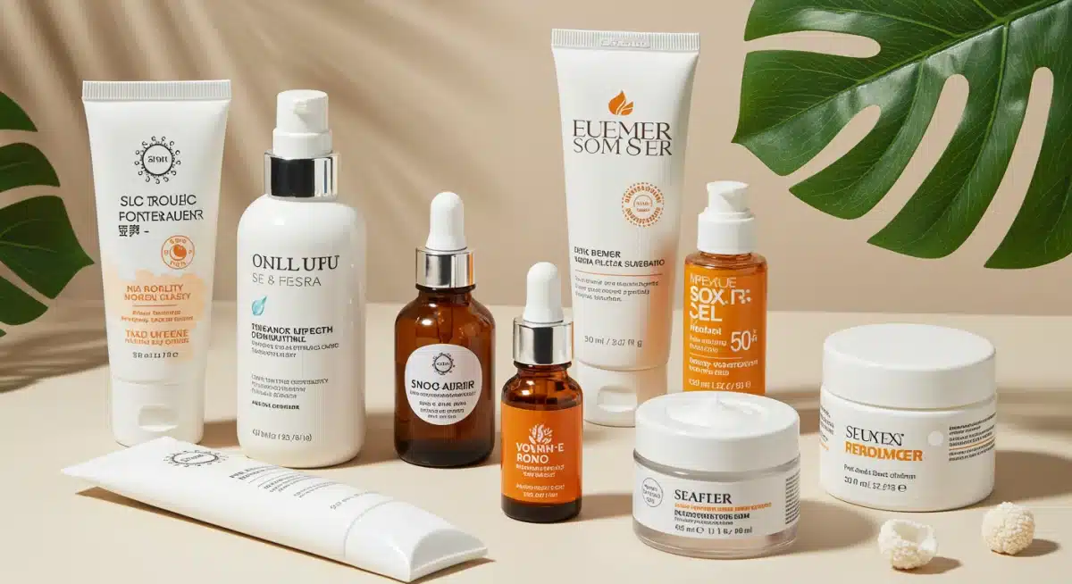 Produtos de skincare essenciais para o verão: protetor solar, hidratante leve e sérum de vitamina C.