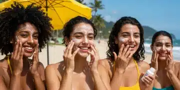 Pessoas diversas em uma praia tropical brasileira aplicando protetor solar facial, com foco na proteção contra o sol forte.