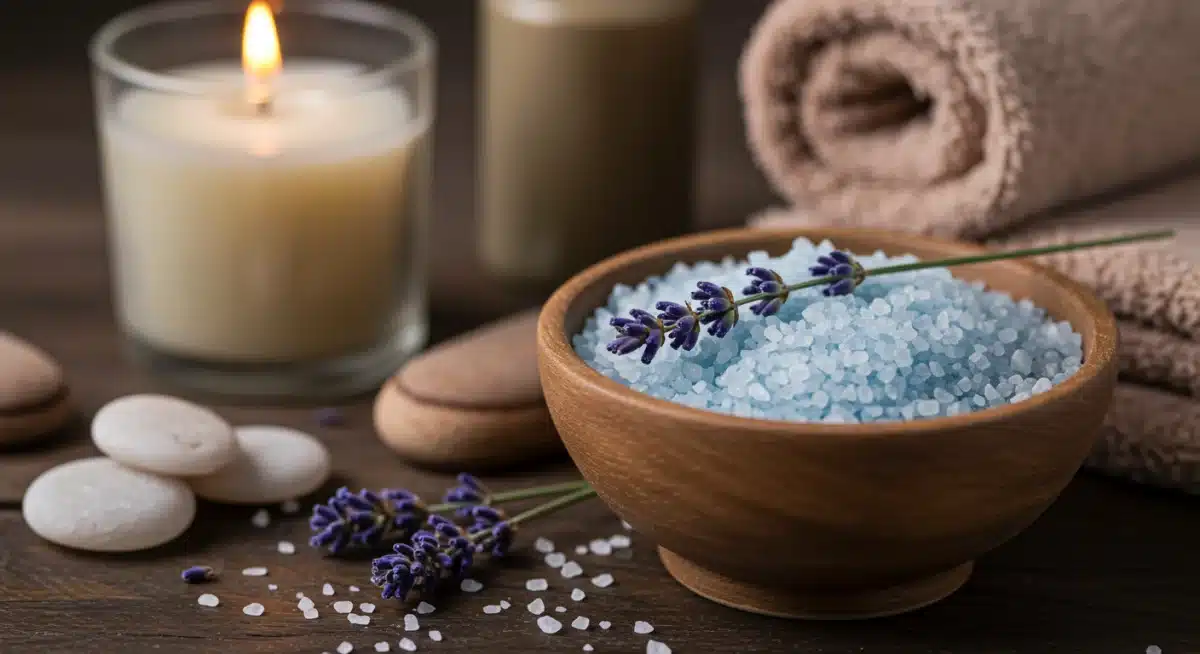 Detalhe de sais de banho, lavanda e vela aromática para spa caseiro