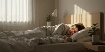 Pessoa dormindo tranquilamente em um quarto iluminado, simbolizando o descanso reparador e o bem-estar holístico.