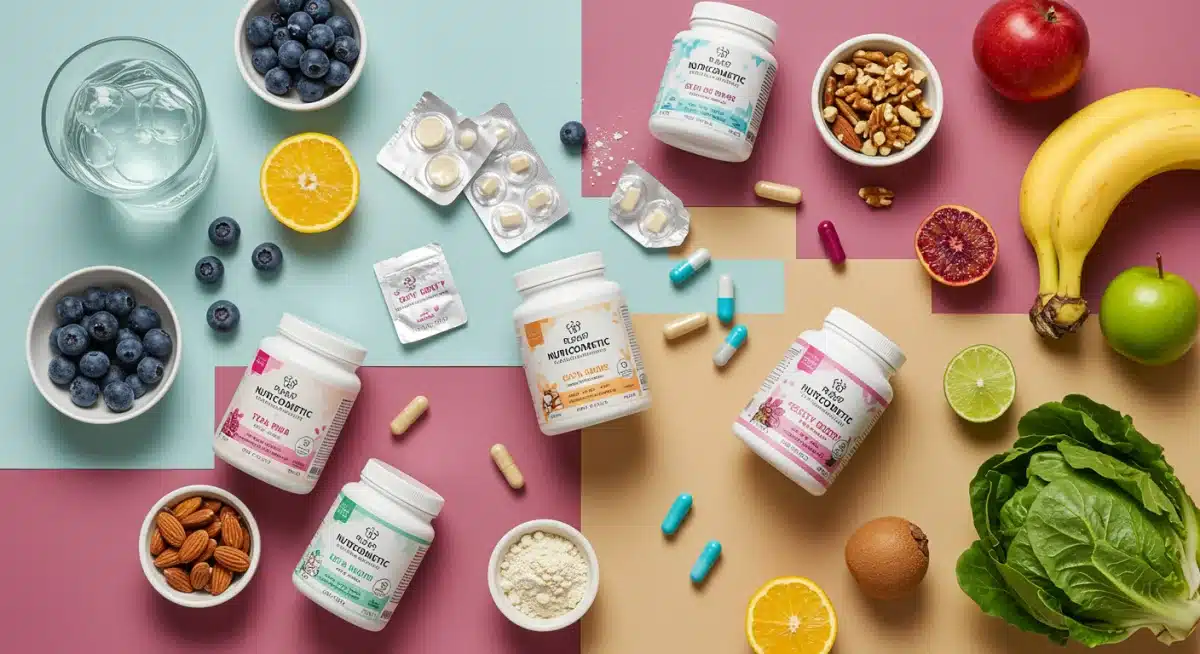 Diversos nutricosméticos e ingredientes naturais dispostos artisticamente, simbolizando a nutrição para a beleza.