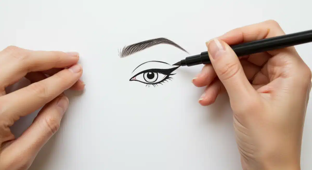 Mão segurando um delineador líquido, demonstrando a técnica correta de aplicação para um traço preciso.