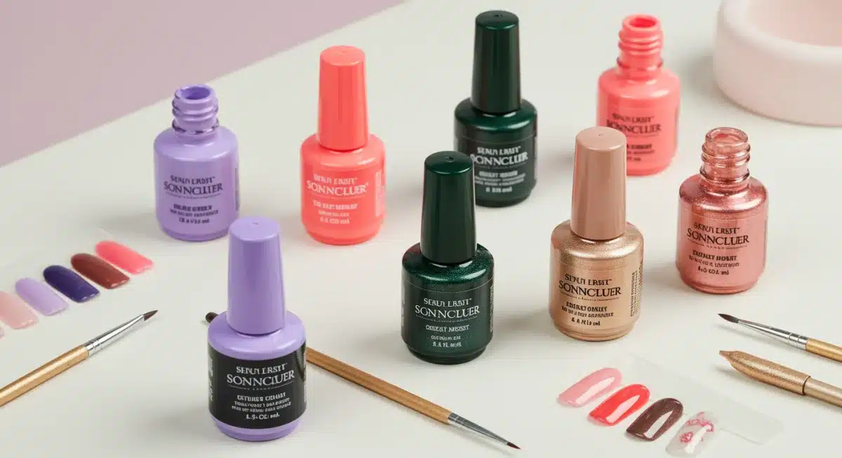 Frascos de esmaltes em gel nas cores tendência de 2025, com ferramentas de nail art.