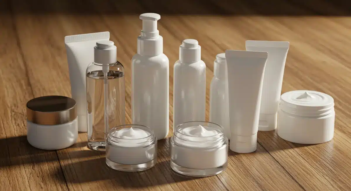 Diversos tipos de hidratantes faciais, como géis e cremes, em um ambiente bem iluminado.