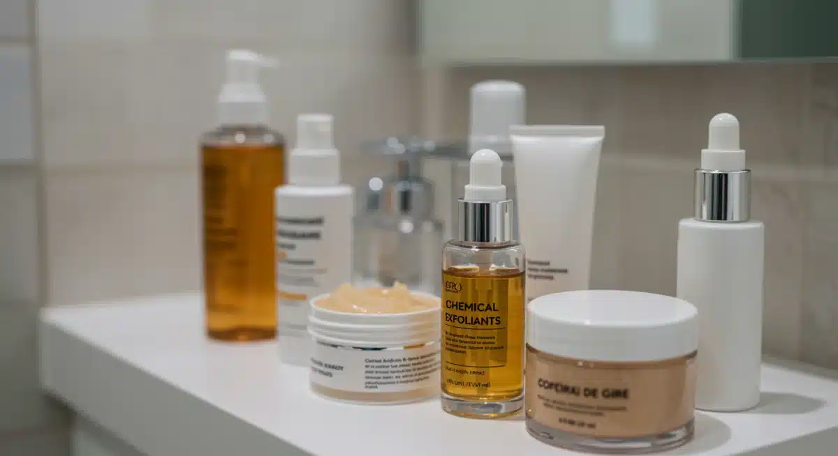 Variedade de esfoliantes faciais químicos e físicos em um balcão moderno, ilustrando as opções para uma pele renovada.